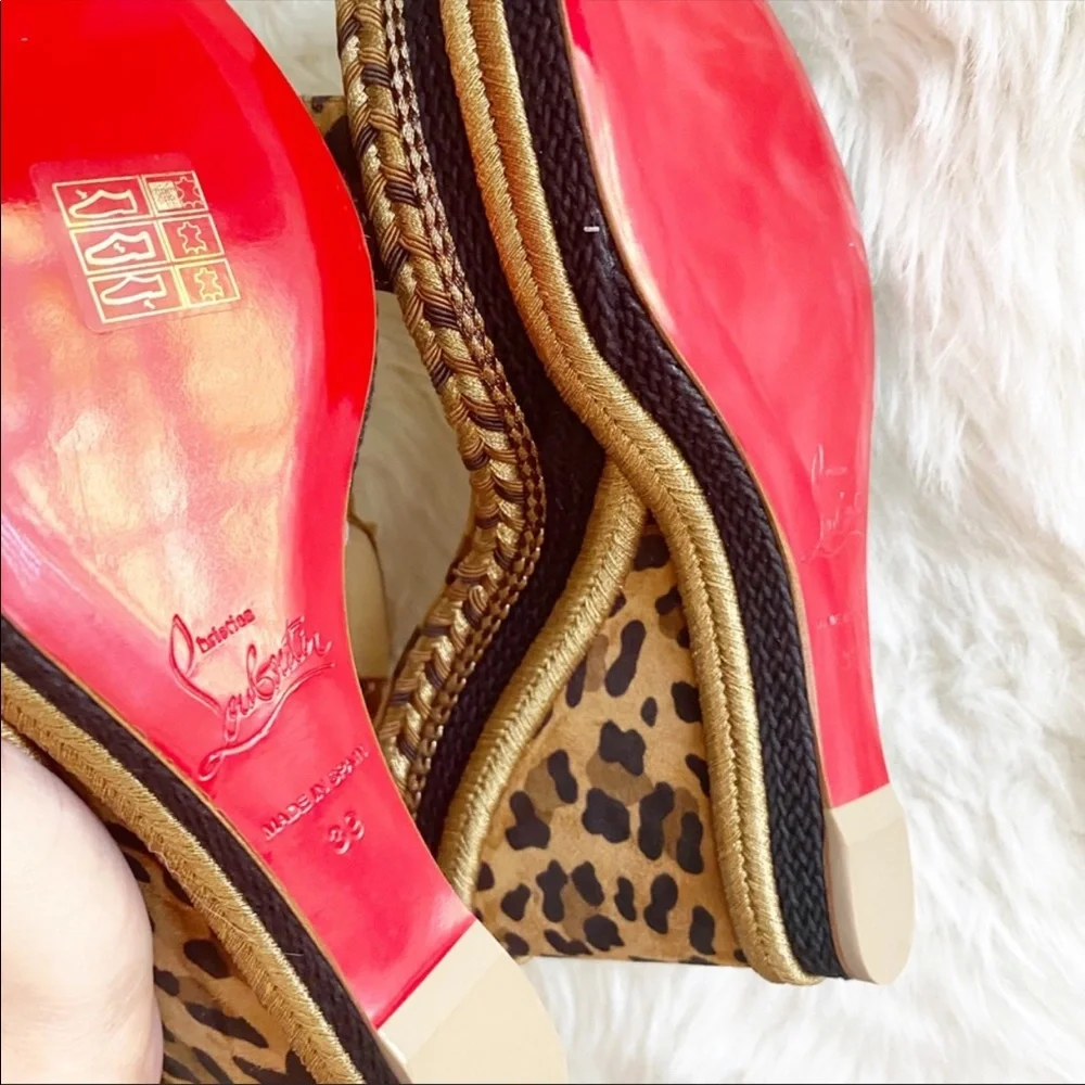 Christian Louboutin Leopard Print Studded Wedge Sandals in Tan and Gold